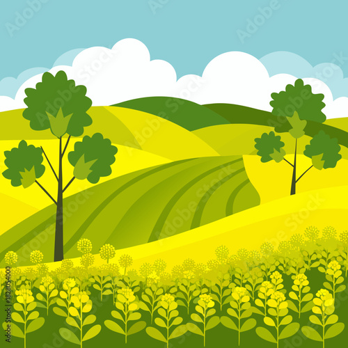 Vibrant canola field illustration with rolling hills, fluffy clouds, and bright sunshine, perfect for springtime designs and nature-themed projects, originally a scalable graphic