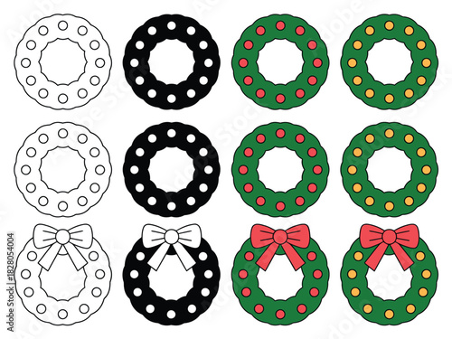 A collection of Christmas wreaths in various styles, including outlines, silhouettes, and colored designs.
