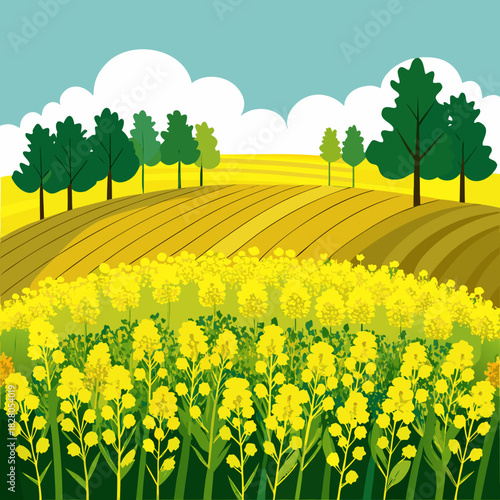 Vibrant fields of golden canola flowers under a cheerful sky, a peaceful rural scene with rolling hills and lush green trees, perfect for springtime and nature themes