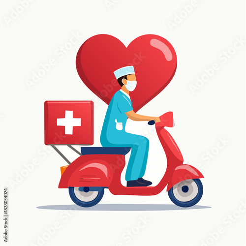 Male Doctor Wearing Face Mask Riding Red Scooter for Medical Delivery with Heart Icon on Isolated White Background