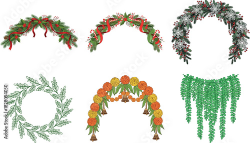 Set of floral arches and garlands isolated on transparent background, perfect for wedding decorations and festive events