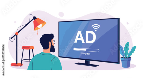 Man watching a loading advertisement on a large smart TV screen in a modern living room setting with a plant and lamp.