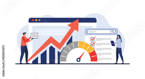 Website performance and SEO optimization concept with people analyzing a growth chart a speedometer and a search checklist.