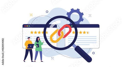 SEO link building analysis concept with two people using a magnifying glass to inspect a hyperlink on a website with ratings.