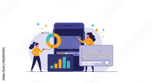 Women analyzing mobile app data and user analytics on various charts and graphs for a business intelligence report.