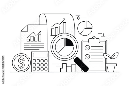 Line art illustration of financial analysis with charts and magnifying glass