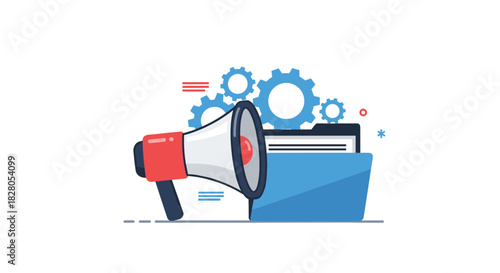 Content marketing and promotion strategy concept showing a megaphone announcing information from a folder with setting gears.
