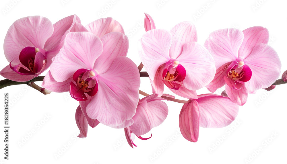 Fototapeta premium A stem of delicate pink orchids with deep magenta centers, set against a black background