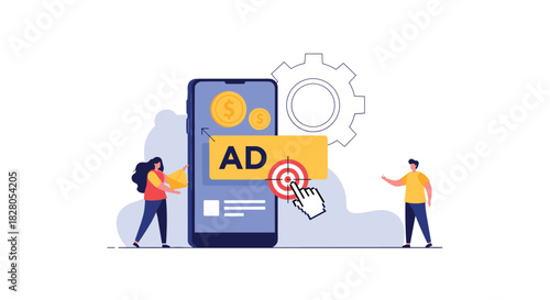 Pay-per-click mobile advertising concept with people interacting with a targeted ad on a smartphone to generate revenue.