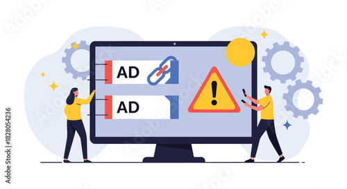 People managing and identifying bad links or risky advertisements on a large computer screen with a warning sign.