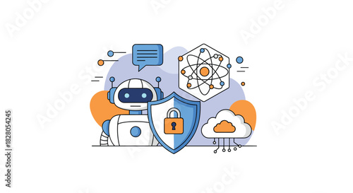 AI in cybersecurity concept with a robot a security shield cloud technology and data science icons for advanced protection.