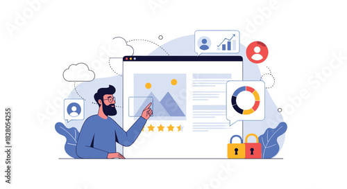 Man managing a user profile page on a website with data analytics content management and security lock icons.