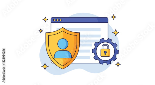 User data privacy and account security settings concept with a shield protecting a user icon next to a settings gear and a lock.