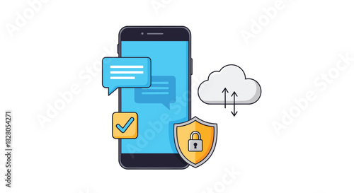 Mobile security and cloud data synchronization concept with a smartphone showing secure messaging and a protected cloud connection.