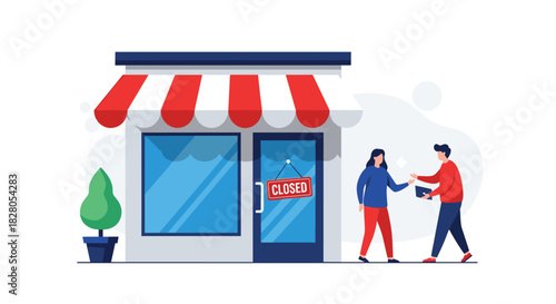 Business closure concept showing a person making a final transaction in front of a store with a closed sign on the door.