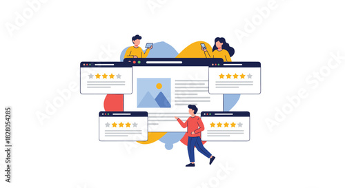 Online reputation management concept with people interacting around a central webpage showing multiple five-star customer reviews.