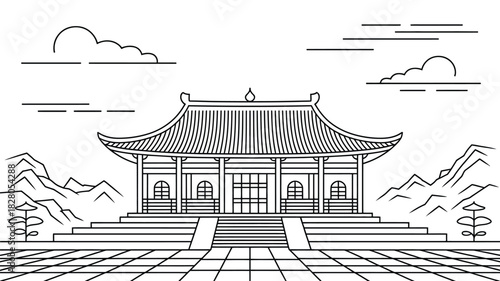 A grand traditional temple building with a grand staircase and surrounding mountains.