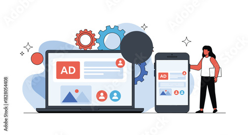 Woman manages a responsive cross-device advertising campaign shown on both a laptop and smartphone for maximum user reach.