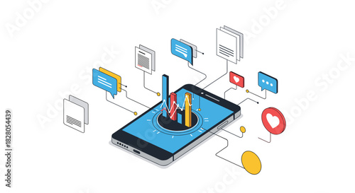 Isometric smartphone displays complex data analytics with charts graphs and social media engagement icons for mobile marketing.