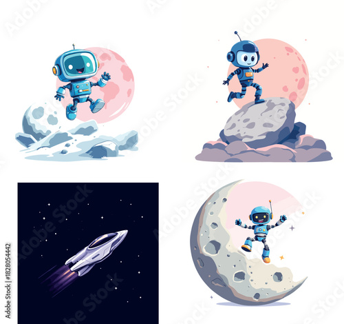 Vsai cute cartoon robots exploring moon and planets