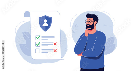 Thoughtful man reviews a personal data privacy policy document with checkmarks and crosses for online security compliance.