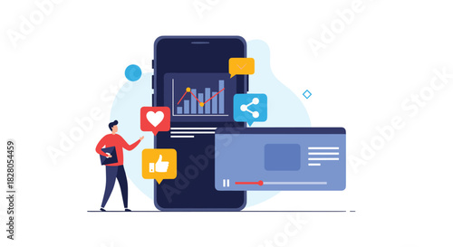 Social media manager analyzes engagement metrics with like share and comment icons on a mobile analytics dashboard display.