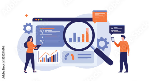 Team of data analysts collaborates on a website analytics project using a dashboard with charts and a large magnifying glass.
