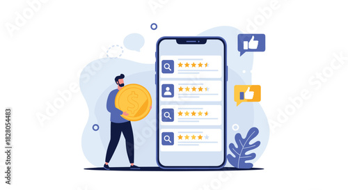 Man holding a large dollar coin gives positive feedback and likes on a mobile app displaying a list of five-star reviews.