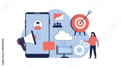 Digital marketer manages a multi-channel communication strategy using a smartphone megaphone email and cloud computing services.