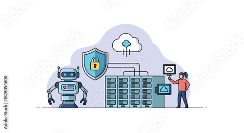 IT professional manages secure cloud hosting services connected to server racks with protection from an AI robot and a shield.