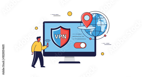 Man uses a remote to activate a VPN service on a computer for secure and private internet browsing with a new IP address.