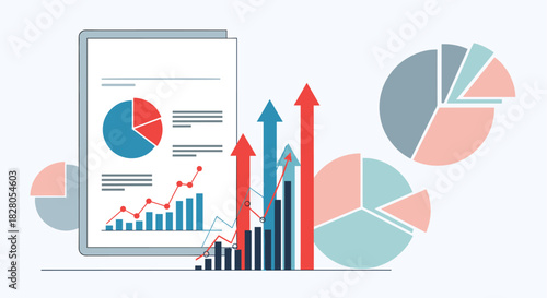 Business analytics report with various pie charts and bar graphs showing financial performance data and market growth trends.