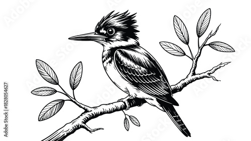 A kingfisher bird sits on a tree branch with leaves.