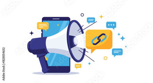Link building and digital promotion concept with a megaphone announcing a hyperlink from a smartphone to generate web traffic.