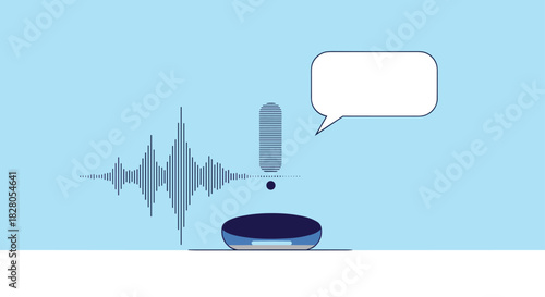 Smart speaker assistant responds to a voice command shown as a sound wave with an alert and a blank speech bubble for text.