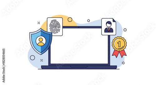 Digital identity and online security concept shown with a laptop mockup fingerprint scan and a first place award for safety.