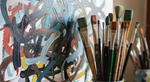 A collection of art brushes in front of a colorful abstract painting.