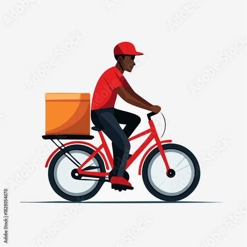 A delivery person rides a red bicycle, carrying a box on the back.