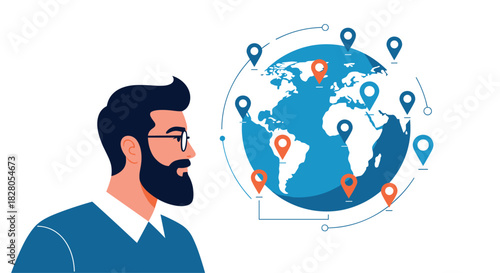 Businessman analyzes a global network of location pins on a world map for international business and market expansion strategy.