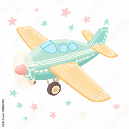 A whimsical children's toy airplane illustration in pastel colors, flying among cute stars. This cartoon aircraft is perfect for nursery decor and baby-themed designs