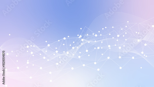 Soft Pastel Tech Wave Background – Abstract White Network Lines and Dots on Gradient Blue Pink Backdrop, Futuristic Digital Mesh Flow for Modern Web, Presentation, and UI Design