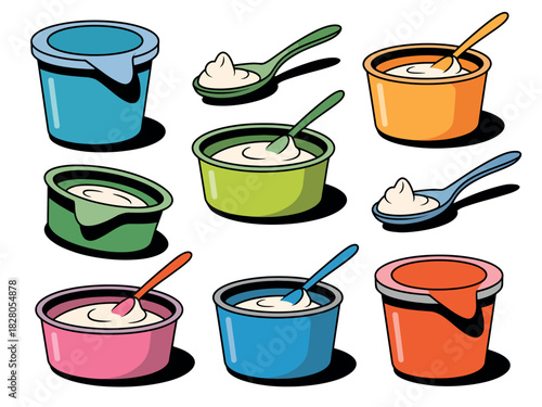 A collection of colorful yogurt containers with spoons, ready to eat.