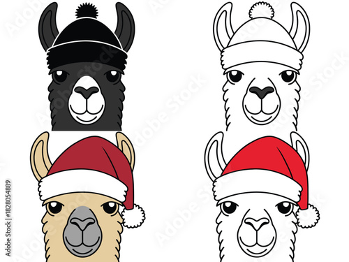 Two llamas wearing winter hats, one black and one red Santa hat