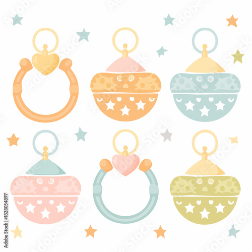 Pastel Baby Rattle Toys and Stars Sweet Nursery Decor Art