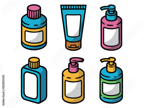 A collection of six assorted bottles and tubes with pump dispensers.