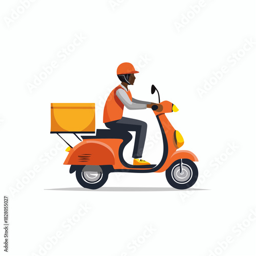 An illustrated delivery person rides an orange scooter, carrying a package.