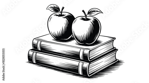 Two apples rest atop a stack of two closed books, presented in a black and white illustration.