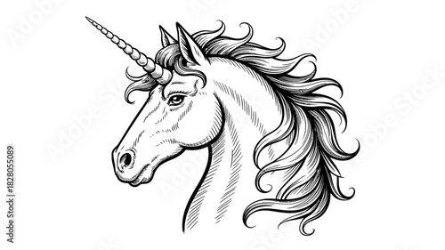 A majestic unicorn head with flowing mane and spiraling horn on a white background.