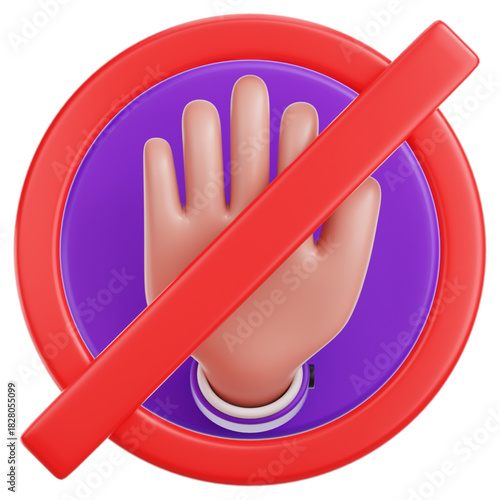 Modern 3D graphic illustrating a stylized human hand with an open palm under a universal red forbidden sign, symbolizing stop, restricted access, warning, or security protocols