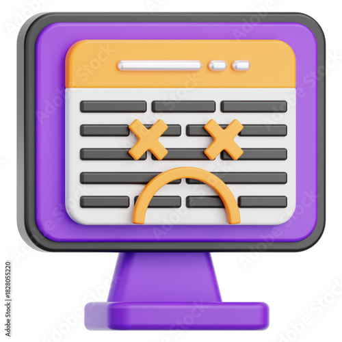 3D illustration of a computer monitor with a web page error and distressed emoticon, symbolizing a system crash, software bug, network failure, or critical technical problem